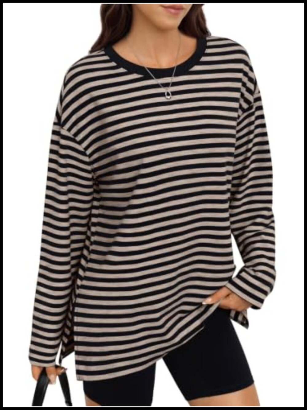 Oversized Cotton Blend Long Sleeve Striped T-Shirt Loose Fit Casual Top